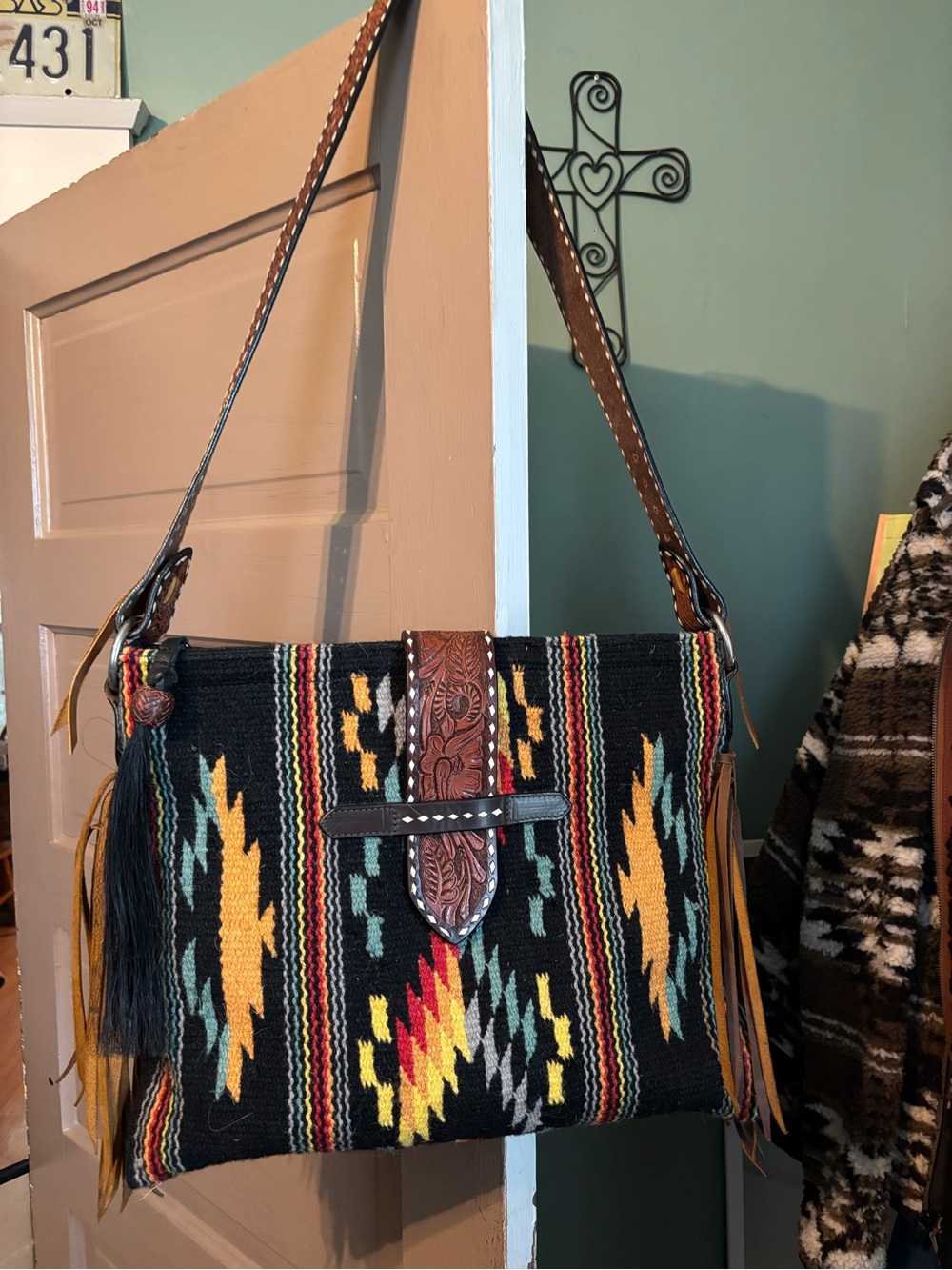 Southwestern Black Woven Shoulder Bag